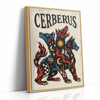 The Hound at the Threshold, a hound with several heads in red, blue and gold, with dark outlines and star and moon marks, in a bold flash sheet style with a black lettered name across the top, as a framed canvas in a natural wood frame