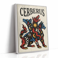 The Hound at the Threshold, a hound with several heads in red, blue and gold, with dark outlines and star and moon marks, in a bold flash sheet style with a black lettered name across the top, as a framed canvas in a white frame