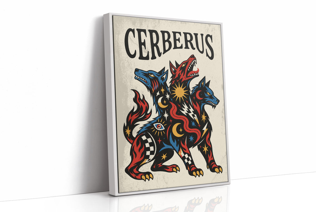 The Hound at the Threshold, a hound with several heads in red, blue and gold, with dark outlines and star and moon marks, in a bold flash sheet style with a black lettered name across the top, as a framed canvas in a white frame