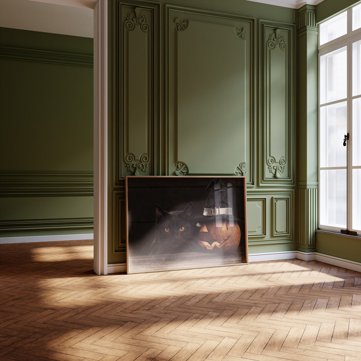 The Keeper of Lantern Night, a black cat beside a glowing carved pumpkin wearing a witch hat, painted in deep brown, burnt orange and candle gold, leaning on a herringbone floor in a green paneled room with tall windows