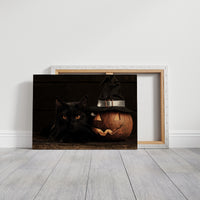 The Keeper of Lantern Night, a black cat beside a glowing carved pumpkin wearing a witch hat, painted in deep brown, burnt orange and candle gold, on a gallery canvas with wrapped edges leaning against a white wall