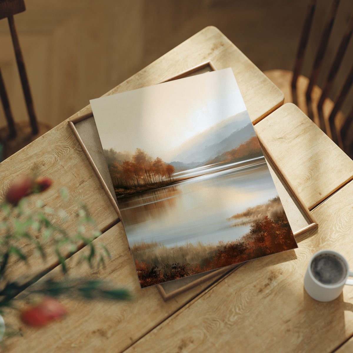 The Lake Remembers Autumn, an autumn lake at dusk with a line of turning trees on the near shore and pale mountains beyond, the water mirroring the sky in soft blue and amber, lying flat on a light wood table beside a coffee cup and red berries