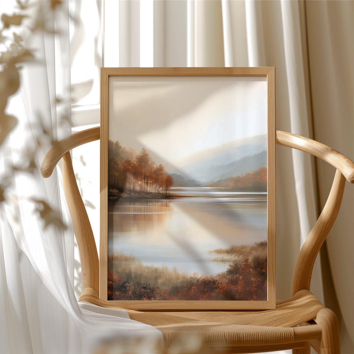The Lake Remembers Autumn, an autumn lake at dusk with a line of turning trees on the near shore and pale mountains beyond, the water mirroring the sky in soft blue and amber, in a wood frame beside a wicker chair by a sunny window