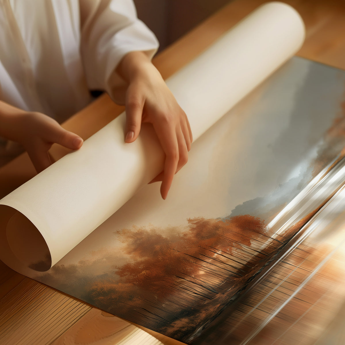 The Lake Remembers Autumn, an autumn lake at dusk with a line of turning trees on the near shore and pale mountains beyond, the water mirroring the sky in soft blue and amber, as a matte poster, unframed