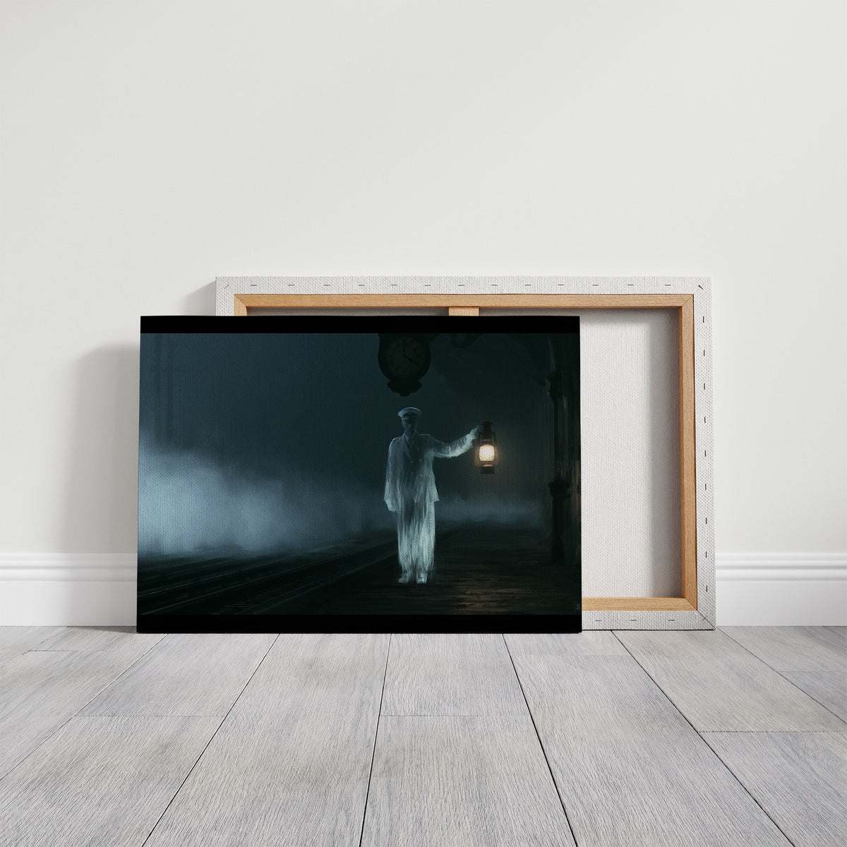 The Lantern Bearer Walks On, a pale figure carrying a glowing lantern through dense fog on a dark teal landscape, on a gallery canvas with wrapped edges leaning against a white wall