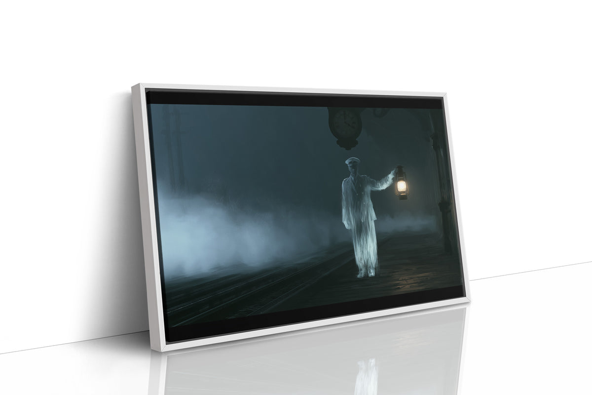 The Lantern Bearer Walks On, a pale figure carrying a glowing lantern through dense fog on a dark teal landscape, as a framed canvas in a white frame