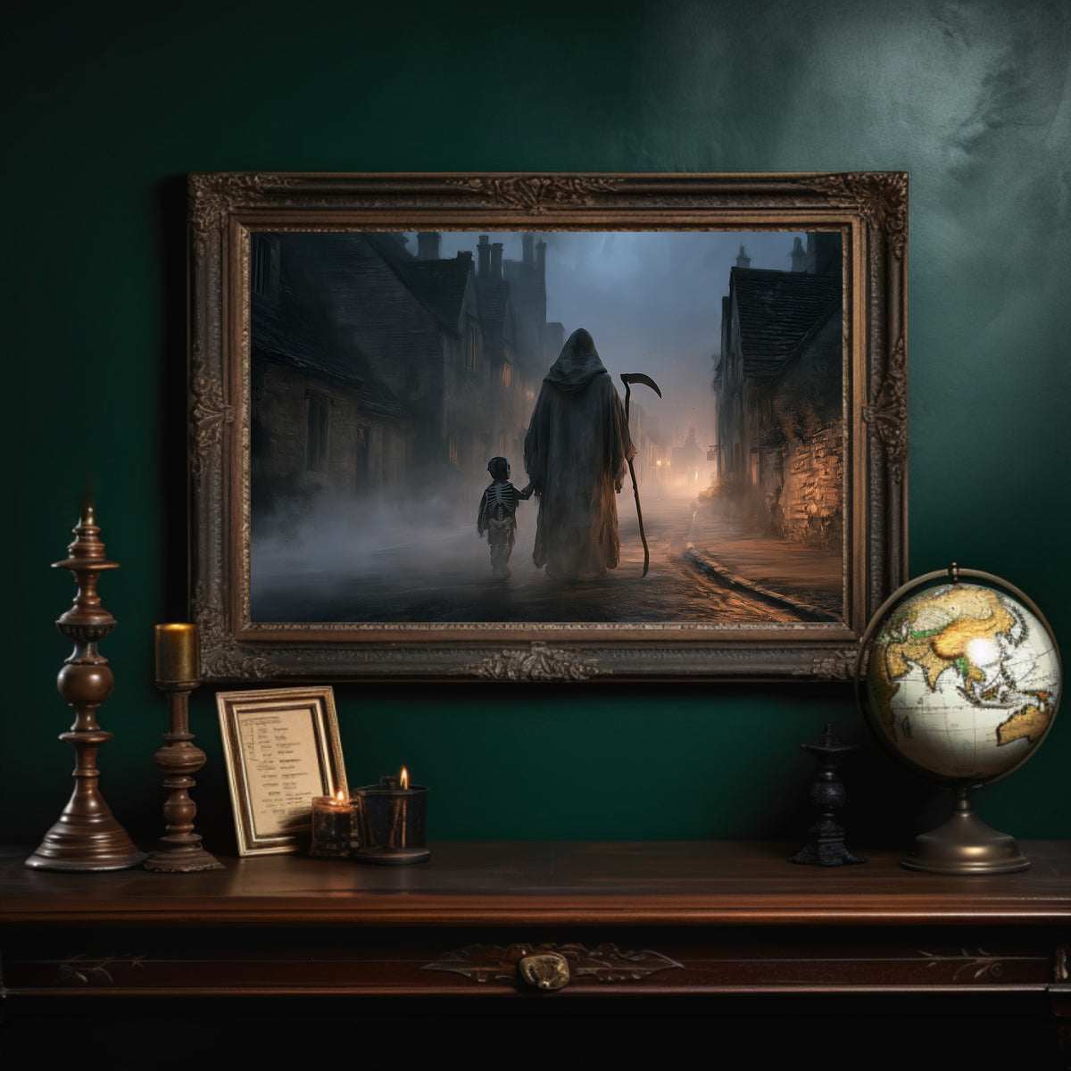 The Lantern Walk Home, hooded figure with a scythe walking a foggy cobbled street beside a child holding a lantern painting, in an ornate dark frame on a deep green wall above a mantel with a globe and candles