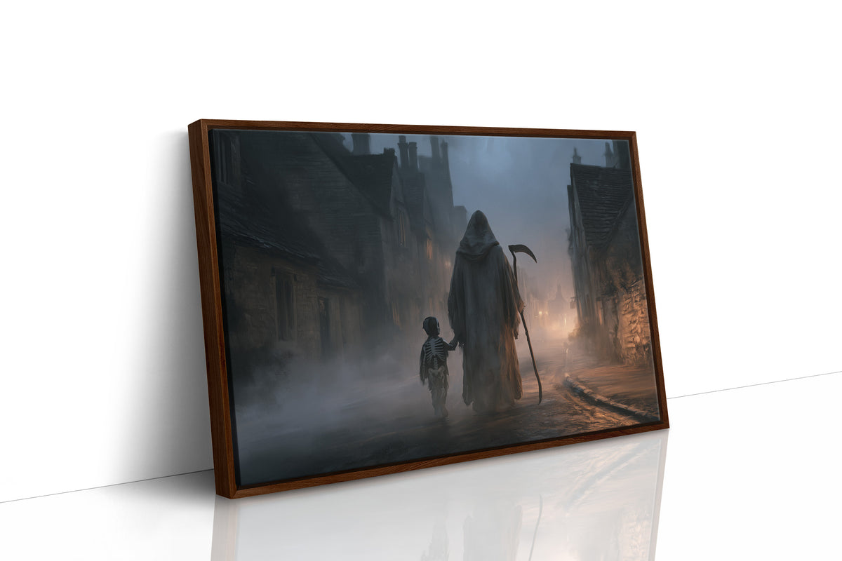 The Lantern Walk Home, hooded figure with a scythe walking a foggy cobbled street beside a child holding a lantern painting, as a framed canvas in a brown frame