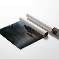 The Lantern Walk Home, hooded figure with a scythe walking a foggy cobbled street beside a child holding a lantern painting, as a matte poster, unframed