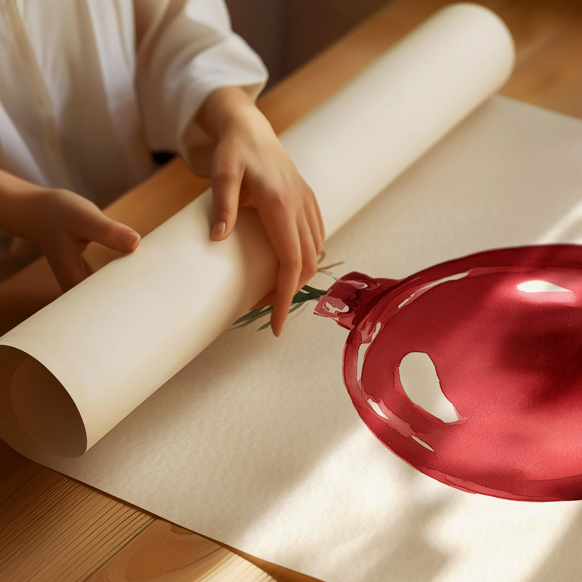 The Last Bauble on the Branch, a single red glass ornament hanging from a thin cord with a sprig of pine tip, on a cream ground, as a matte poster, unframed