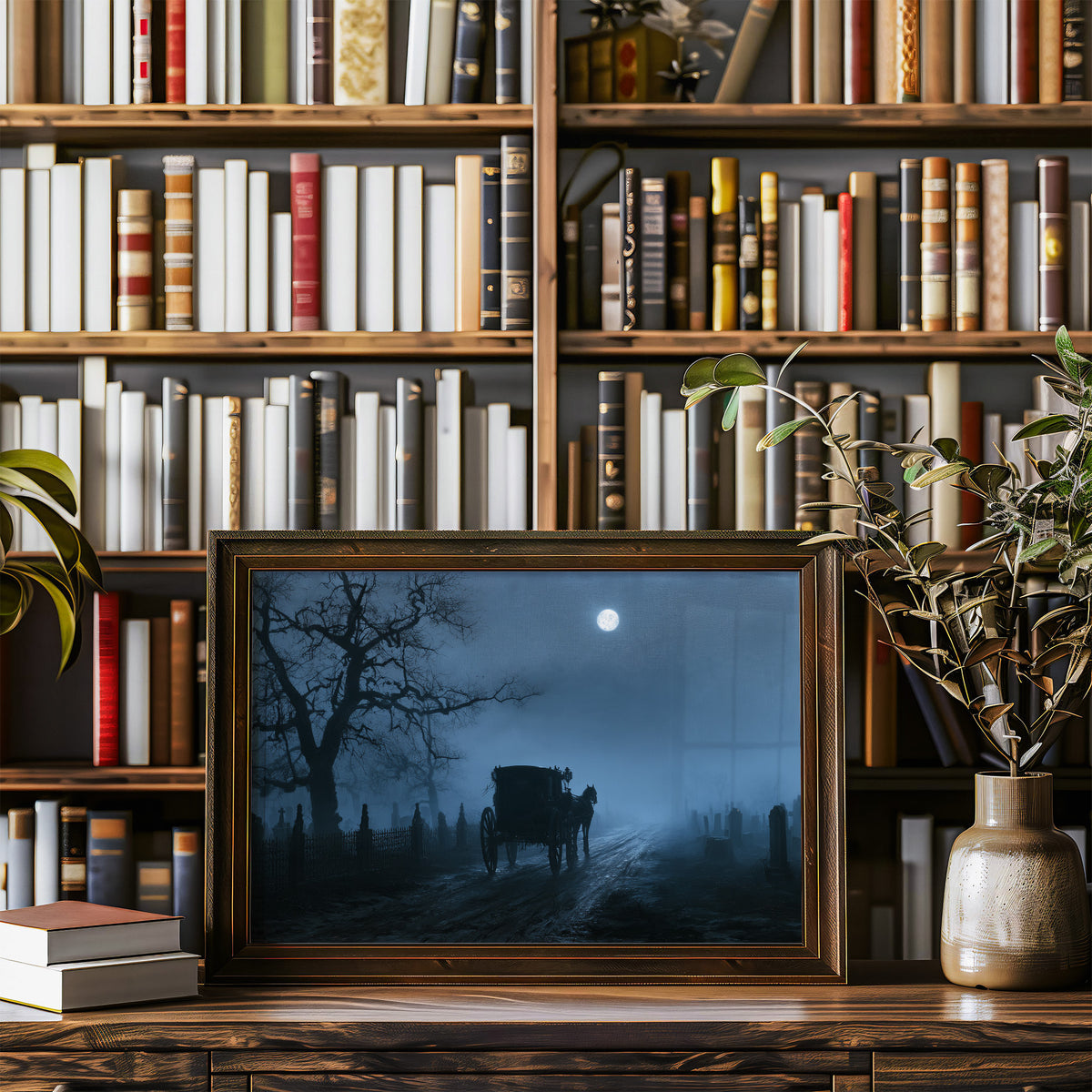 The Last Carriage Home, a horse drawn carriage moving down a misty country road under a pale full moon, painted in midnight slate, fog gray and deep shadow, in a wood frame on a bookshelf wall beside a vase of olive branches
