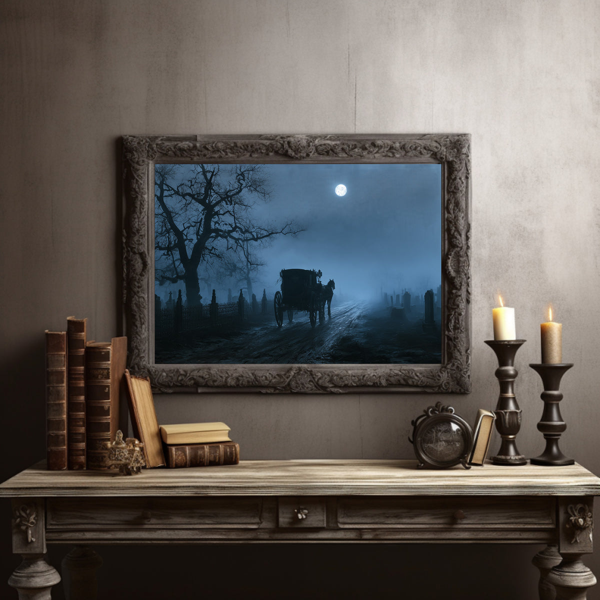 The Last Carriage Home, a horse drawn carriage moving down a misty country road under a pale full moon, painted in midnight slate, fog gray and deep shadow, in a dark carved frame on a gray wall above a console table with candlesticks and old books