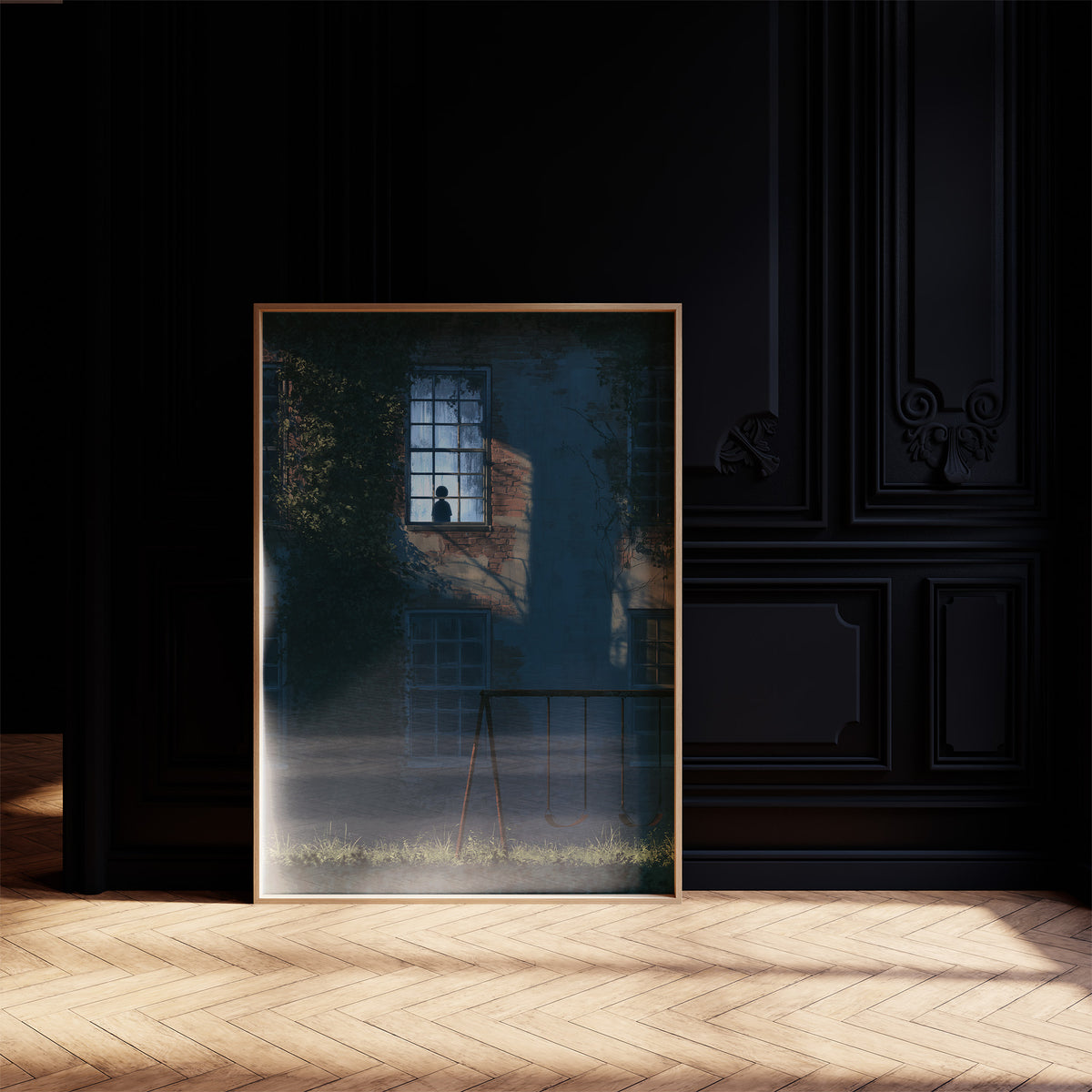 The Last Light Left Upstairs, a dark blue house at night with one lit upstairs window, a fence and tall grass in the foreground, midnight blue palette, on a black paneled wall with sunlit herringbone floor