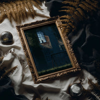 The Last Light Left Upstairs, a dark blue house at night with one lit upstairs window, a fence and tall grass in the foreground, midnight blue palette, in an antique gold frame laid on white linen with ferns and a pocket watch