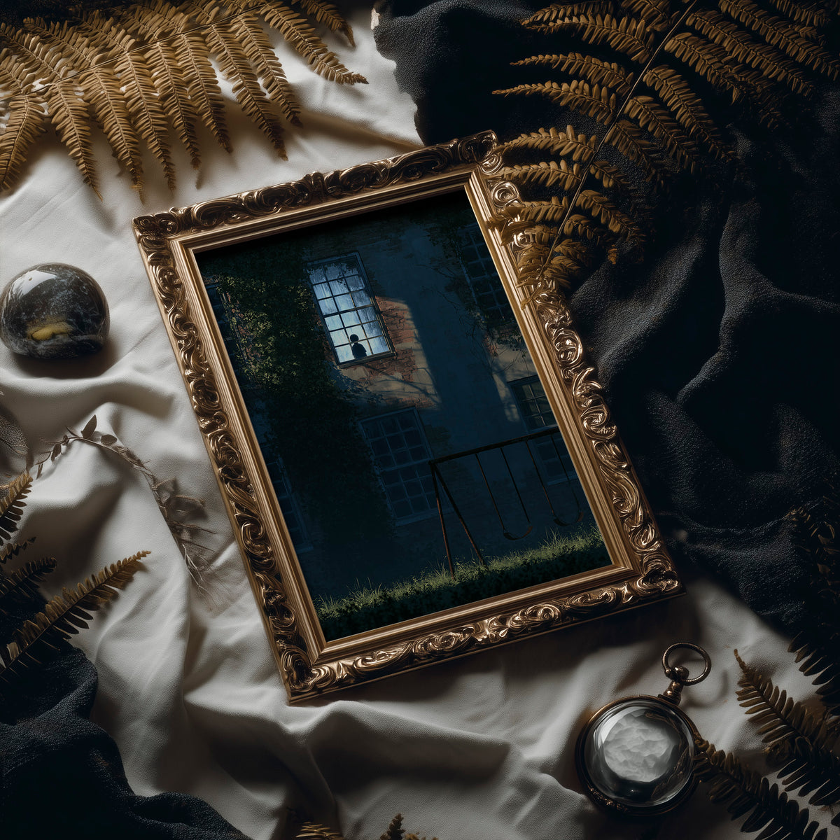 The Last Light Left Upstairs, a dark blue house at night with one lit upstairs window, a fence and tall grass in the foreground, midnight blue palette, in an antique gold frame laid on white linen with ferns and a pocket watch