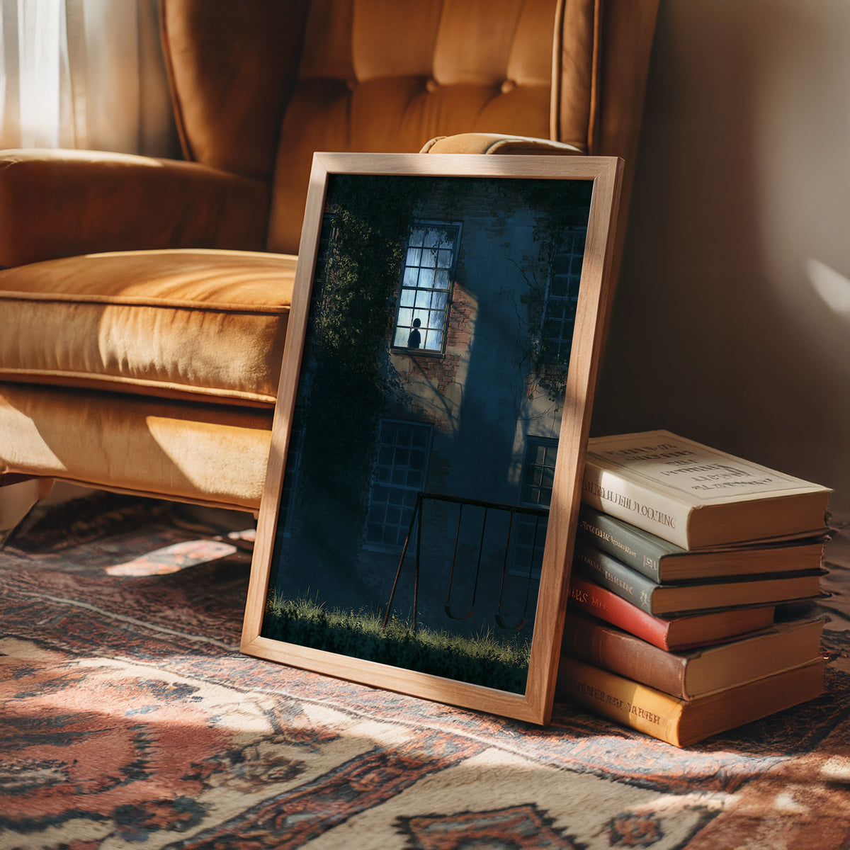 The Last Light Left Upstairs, a dark blue house at night with one lit upstairs window, a fence and tall grass in the foreground, midnight blue palette, in a wood frame beside a leather armchair and a stack of books
