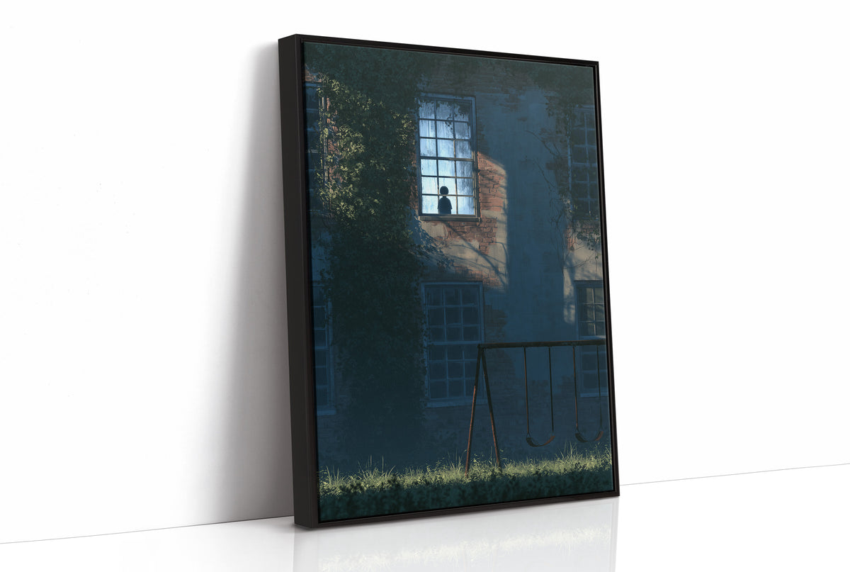 The Last Light Left Upstairs, a dark blue house at night with one lit upstairs window, a fence and tall grass in the foreground, midnight blue palette, as a framed canvas in a black frame