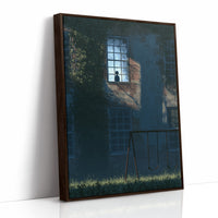 The Last Light Left Upstairs, a dark blue house at night with one lit upstairs window, a fence and tall grass in the foreground, midnight blue palette, as a framed canvas in a brown frame