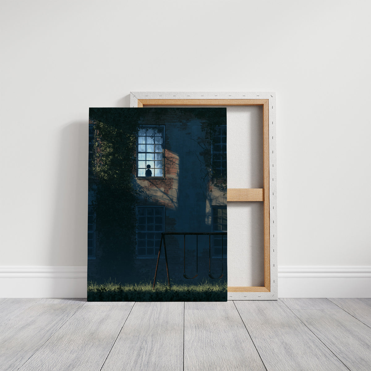 The Last Light Left Upstairs, a dark blue house at night with one lit upstairs window, a fence and tall grass in the foreground, midnight blue palette, on a gallery canvas with wrapped edges leaning against a white wall