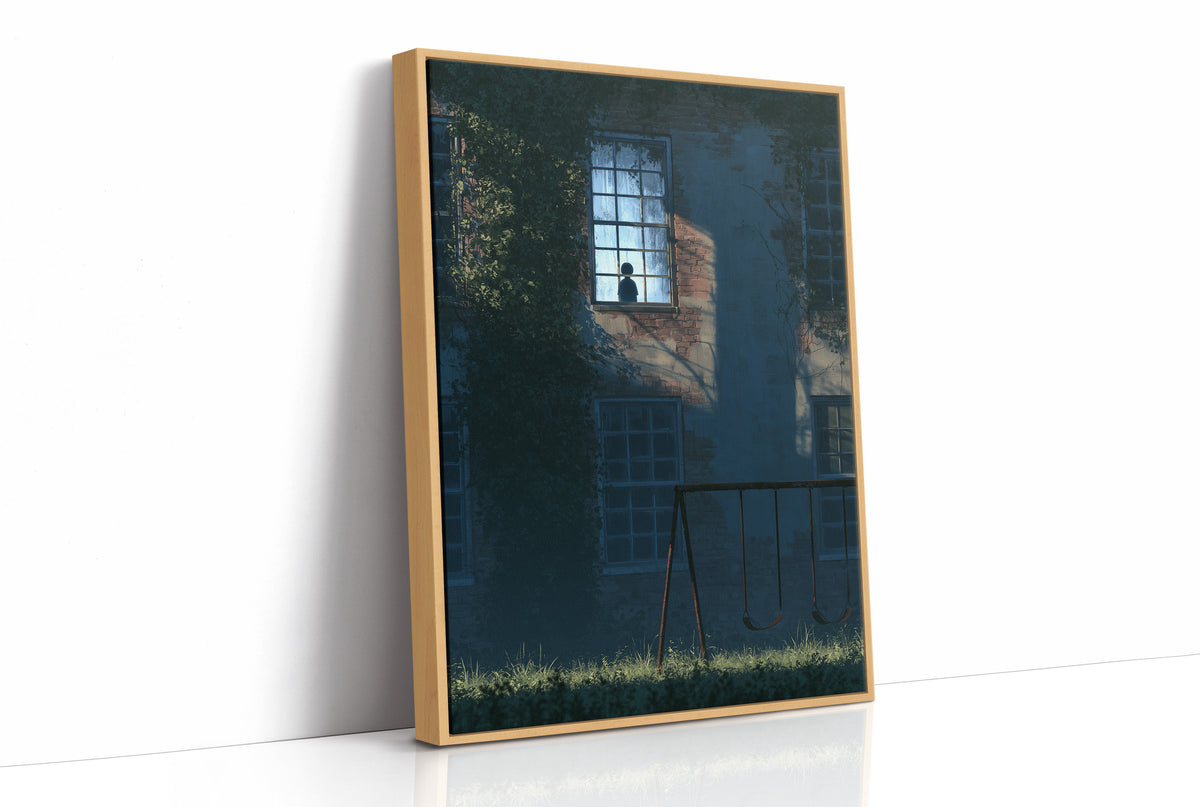 The Last Light Left Upstairs, a dark blue house at night with one lit upstairs window, a fence and tall grass in the foreground, midnight blue palette, as a framed canvas in a natural wood frame