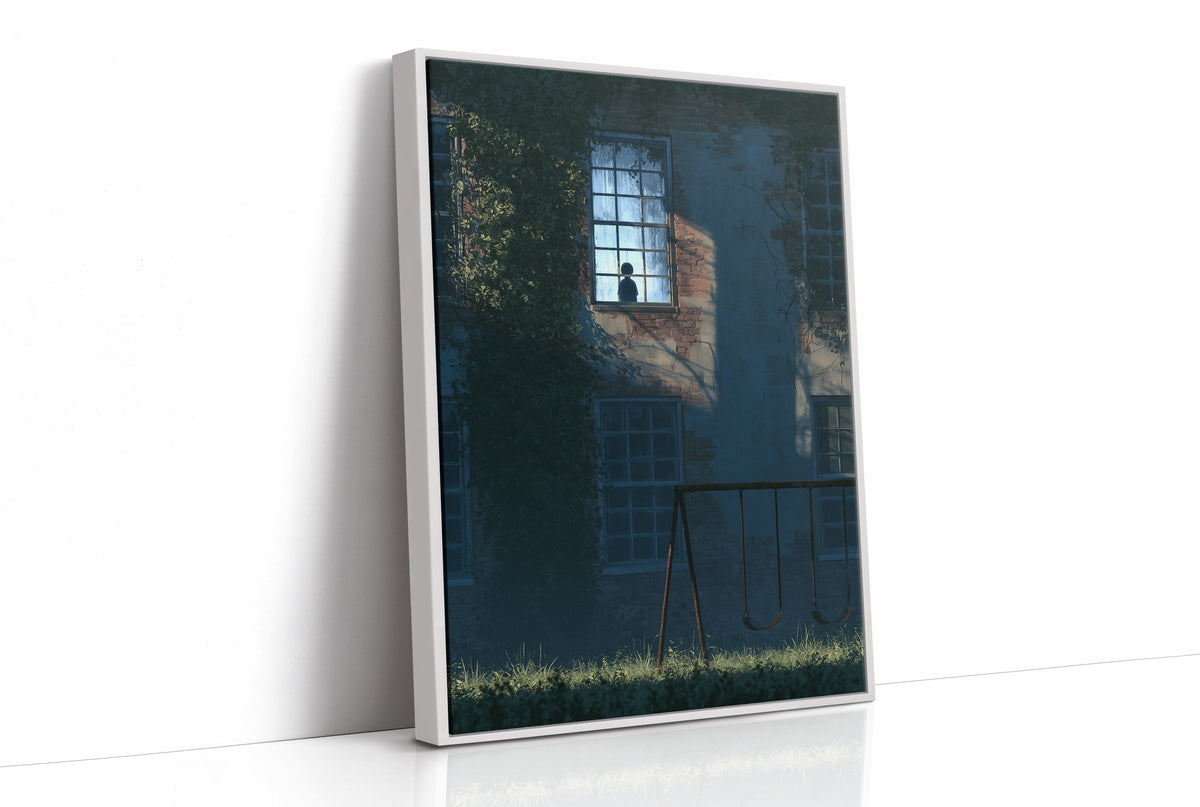 The Last Light Left Upstairs, a dark blue house at night with one lit upstairs window, a fence and tall grass in the foreground, midnight blue palette, as a framed canvas in a white frame