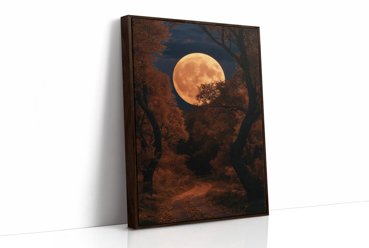 The Long Road Turns Amber, huge amber harvest moon over a dark forest road painting, as a framed canvas in a brown frame