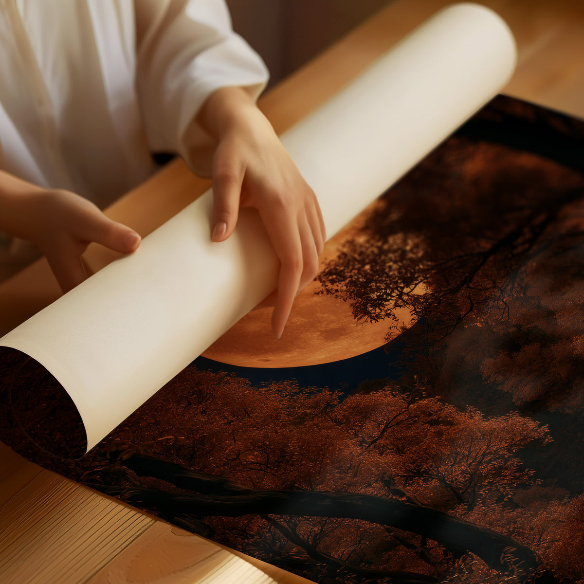 The Long Road Turns Amber, huge amber harvest moon over a dark forest road painting, as a matte poster, unframed