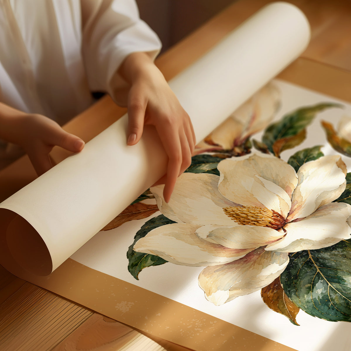 The Magnolia Keeps Its Honey, a cluster of cream magnolia blossoms with deep green leaves on a mustard ground, with a small pale label and bold cream Japanese lettering, in a flat Japanese travel poster style painted in cream, mustard and deep green, as a matte poster, unframed