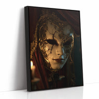 The Mask Remembers Its Gold, a painted face in a gilded mask with cracked gold leaf and a shadowed ivory cheek, painted in deep umber, antique gold and muted ivory, as a framed canvas in a black frame