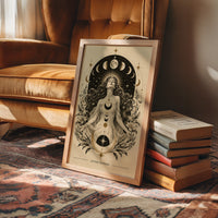 The Moon Woven Into Her Hair, a seated woman in quiet meditation crowned with a ring of crescent moons and surrounded by fern fronds, drawn in cream, charcoal and sepia with a deep brown border and small text at the base, in a wood frame on a leather armchair beside a stack of books