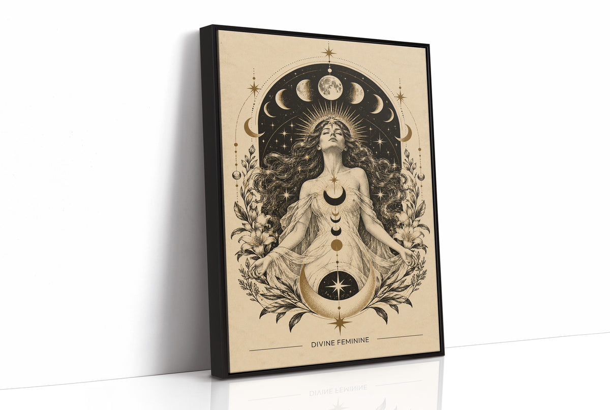 The Moon Woven Into Her Hair, a seated woman in quiet meditation crowned with a ring of crescent moons and surrounded by fern fronds, drawn in cream, charcoal and sepia with a deep brown border and small text at the base, as a framed canvas in a black frame