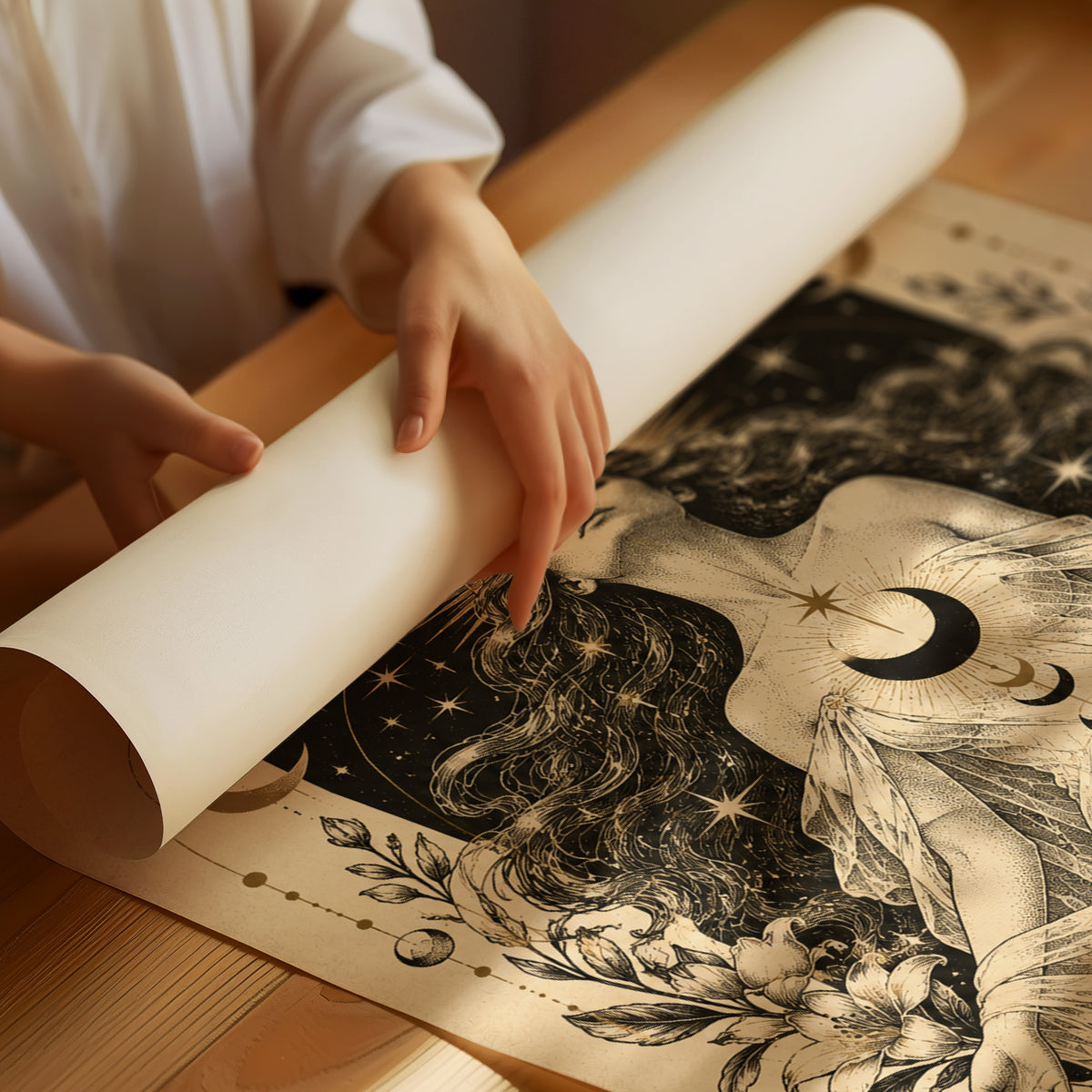The Moon Woven Into Her Hair, a seated woman in quiet meditation crowned with a ring of crescent moons and surrounded by fern fronds, drawn in cream, charcoal and sepia with a deep brown border and small text at the base, as a matte poster, unframed