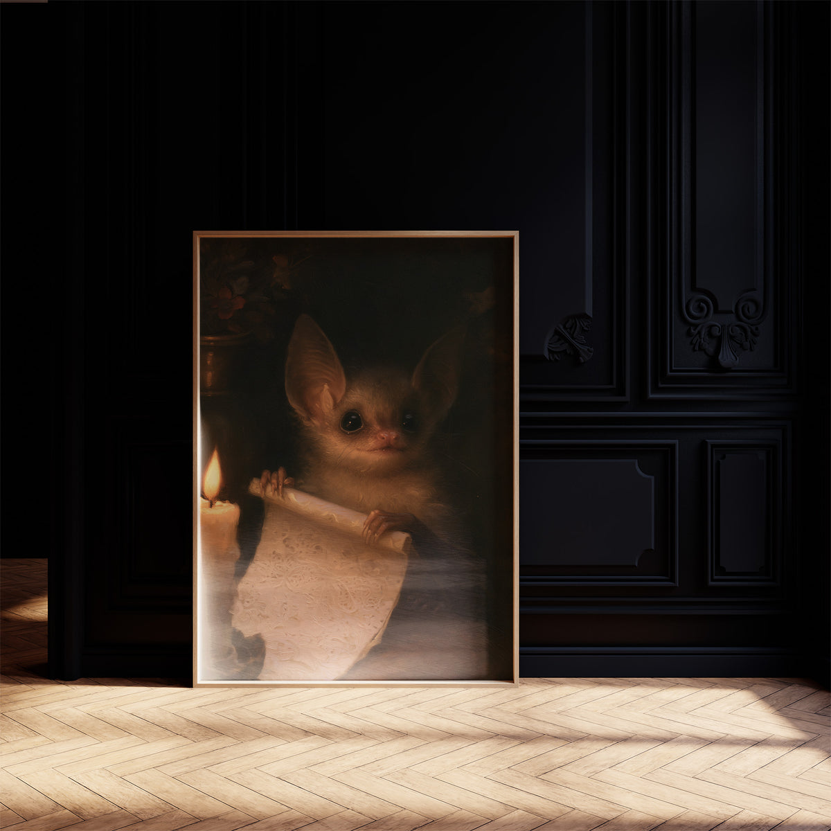 The Night Clerk's Scroll, a small bat in a dim study holding a curled parchment beside a candle, painted in sepia, umber and candlelit cream, on a black paneled wall with sunlit herringbone floor