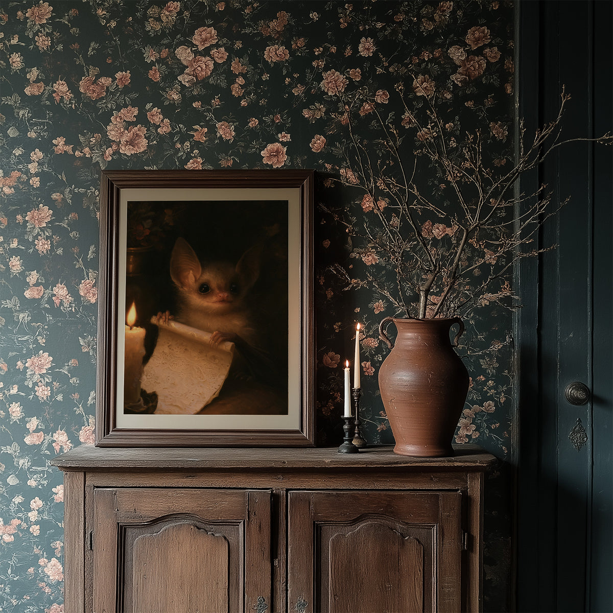 The Night Clerk's Scroll, a small bat in a dim study holding a curled parchment beside a candle, painted in sepia, umber and candlelit cream, in a dark frame on a wooden dresser against floral wallpaper