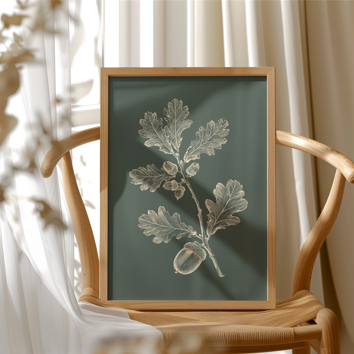 The Oak Keeps Its Harvest Close, a sprig of lobed oak leaves and three acorns drawn in pale cream lines on a deep forest green ground, in a botanical study style, in a wood frame beside a wicker chair by a sunny window