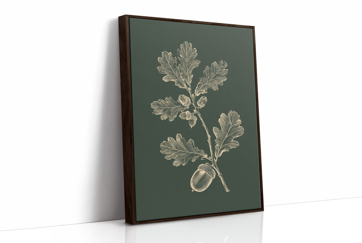 The Oak Keeps Its Harvest Close, a sprig of lobed oak leaves and three acorns drawn in pale cream lines on a deep forest green ground, in a botanical study style, as a framed canvas in a brown frame