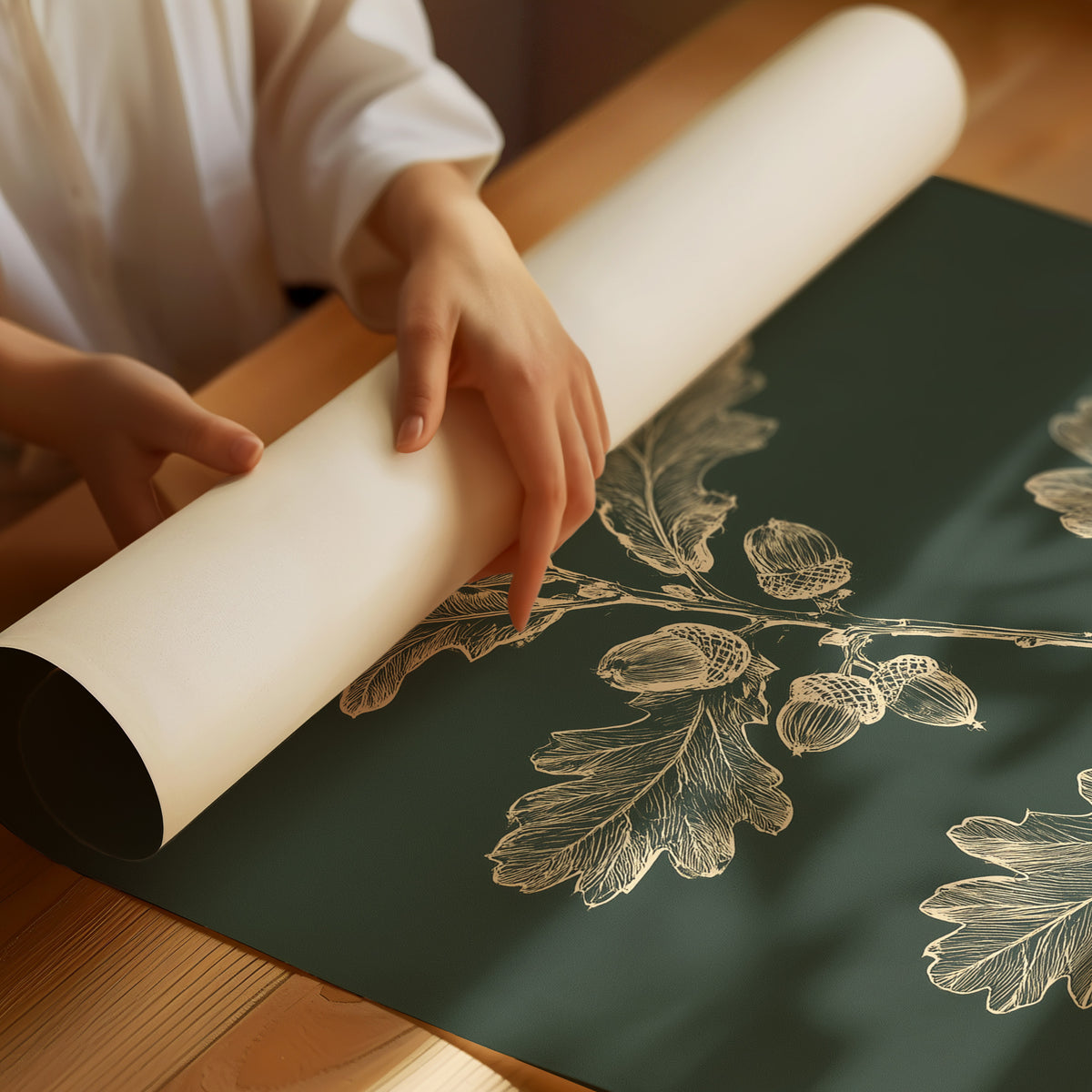 The Oak Keeps Its Harvest Close, a sprig of lobed oak leaves and three acorns drawn in pale cream lines on a deep forest green ground, in a botanical study style, as a matte poster, unframed