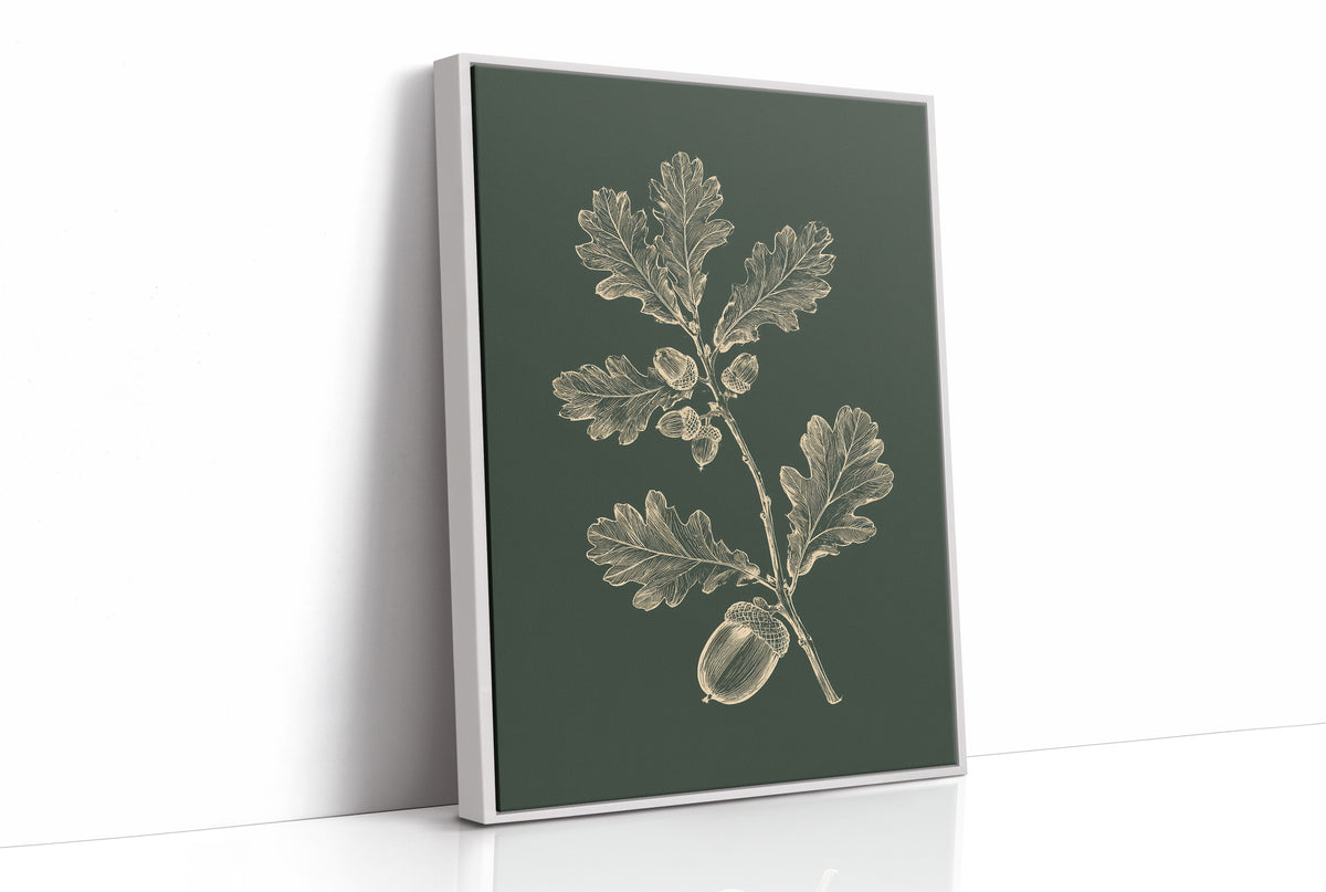The Oak Keeps Its Harvest Close, a sprig of lobed oak leaves and three acorns drawn in pale cream lines on a deep forest green ground, in a botanical study style, as a framed canvas in a white frame