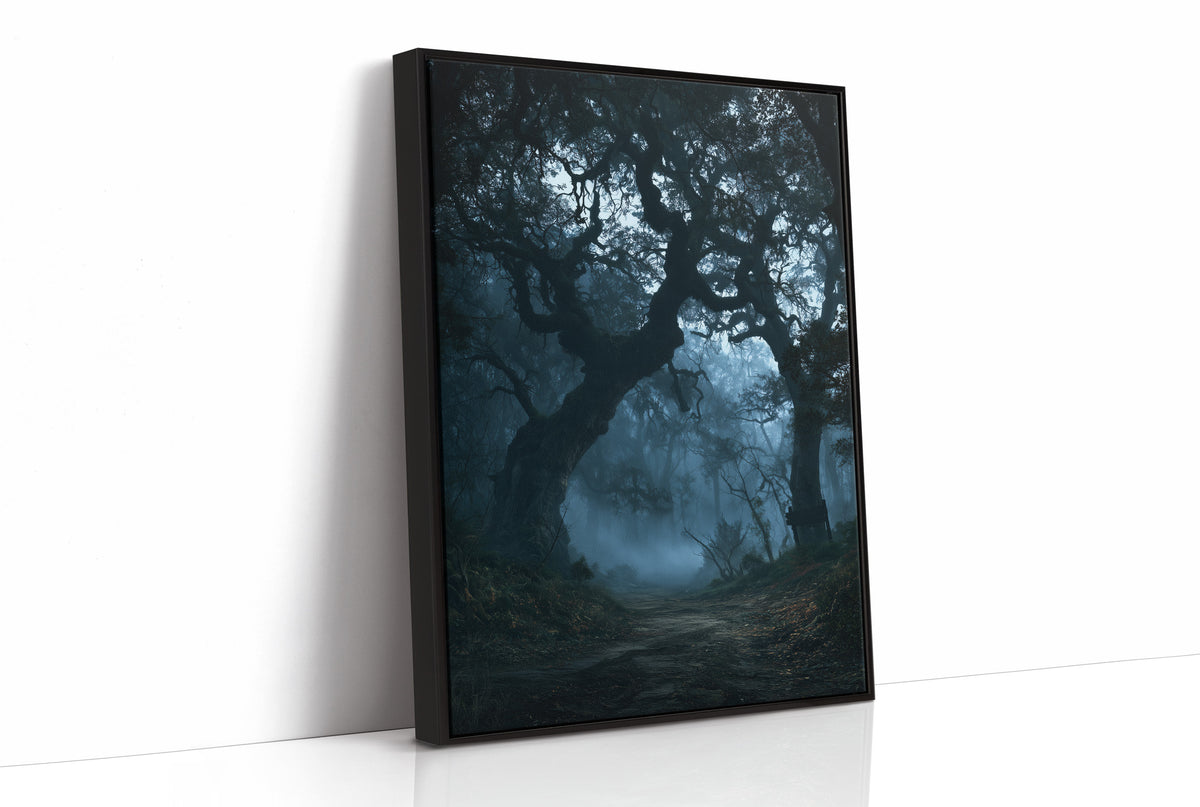 The Old Oak Keeps Its Midnight, gnarled trees rising out of a blue mist on a moonlit night, painted in deep navy, pale fog and charcoal shadow, as a framed canvas in a black frame