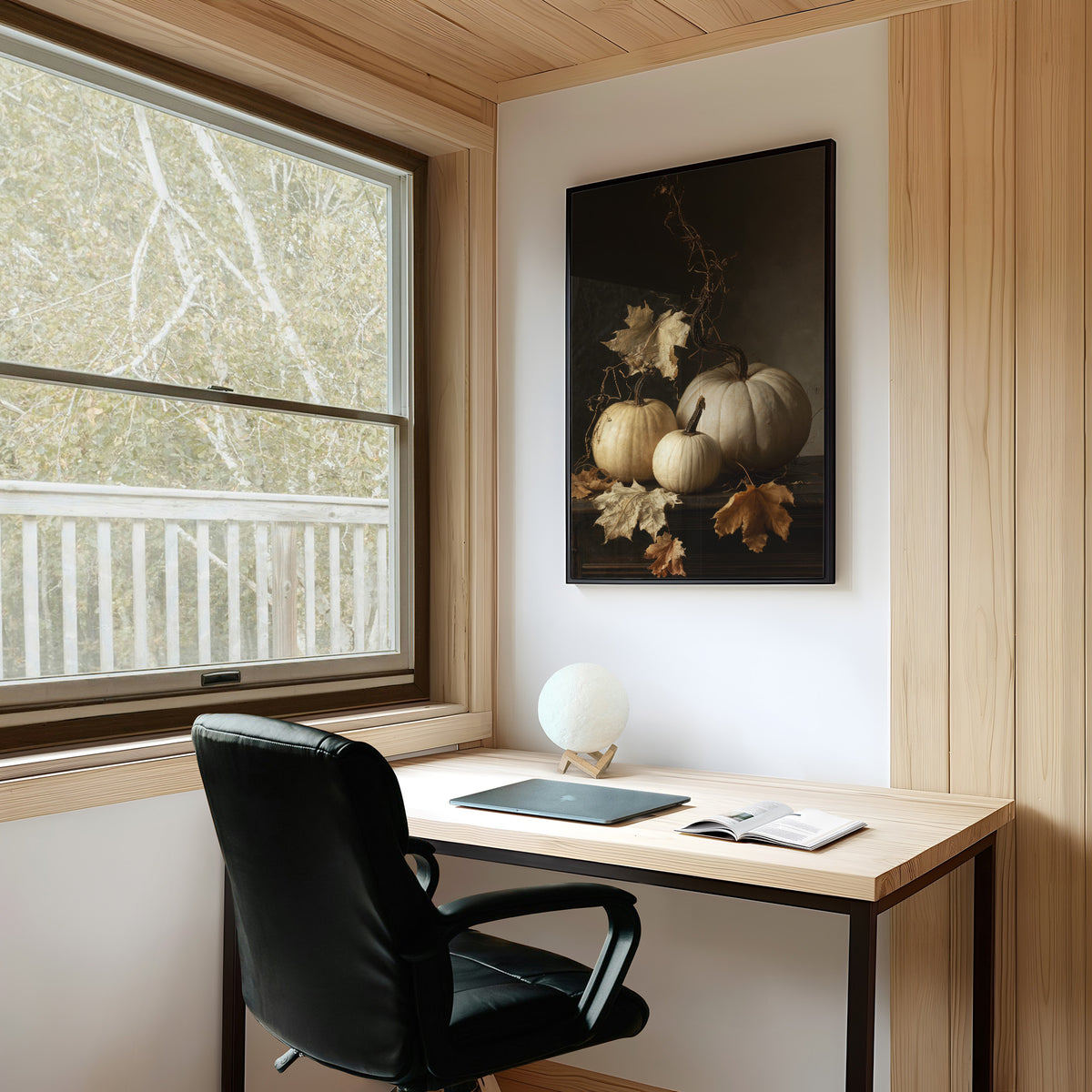 The Pale Ones Keep Their Vigil, three pale pumpkins and a few gold oak leaves in a still life on a deep black ground, with dried vine stems curling above, painted in cream, ochre and charcoal, on a study wall above a writing desk and a black desk chair
