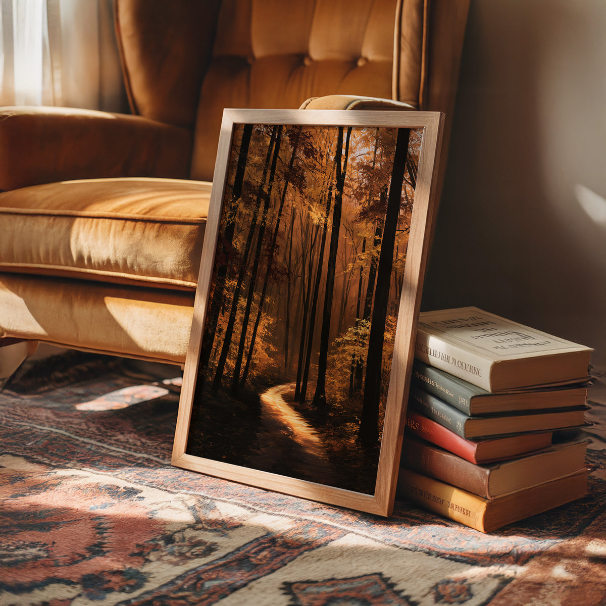 The Path Bends Toward Home, an autumn forest path winding between tall dark trunks, lit by a shaft of golden light across the leaves, painted in rust, amber and deep brown, in a wood frame on a rug beside a leather armchair and a stack of books