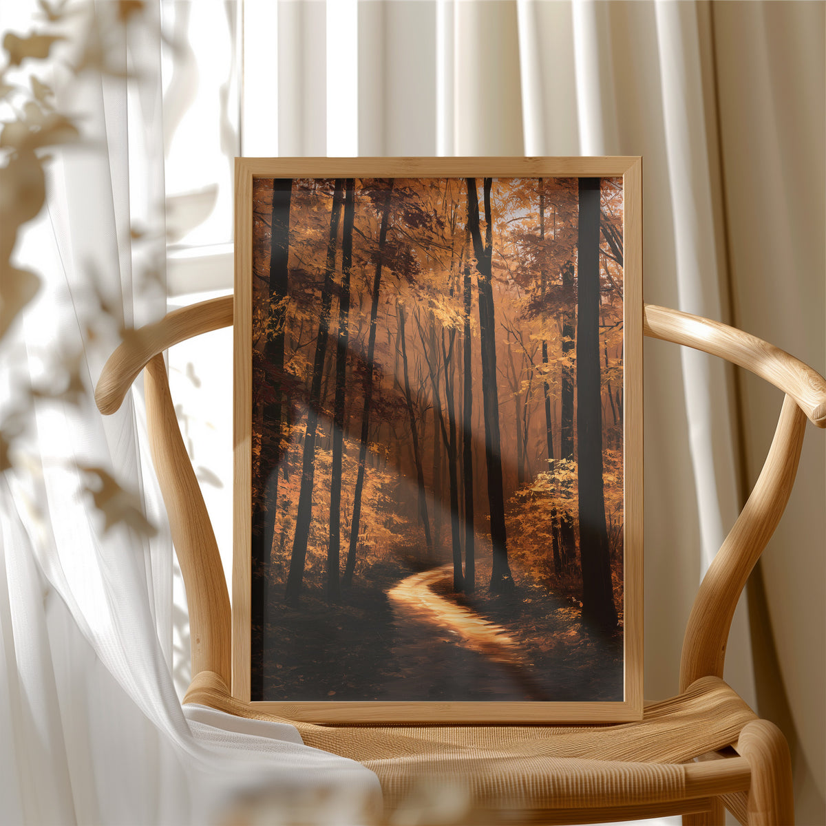 The Path Bends Toward Home, an autumn forest path winding between tall dark trunks, lit by a shaft of golden light across the leaves, painted in rust, amber and deep brown, in a wood frame beside a wicker chair by a sunny window