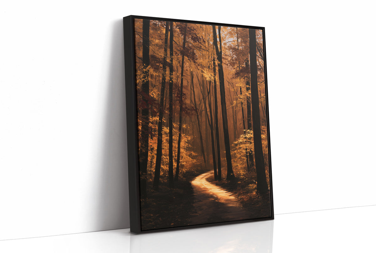 The Path Bends Toward Home, an autumn forest path winding between tall dark trunks, lit by a shaft of golden light across the leaves, painted in rust, amber and deep brown, as a framed canvas in a black frame