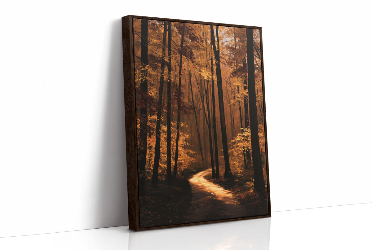 The Path Bends Toward Home, an autumn forest path winding between tall dark trunks, lit by a shaft of golden light across the leaves, painted in rust, amber and deep brown, as a framed canvas in a brown frame