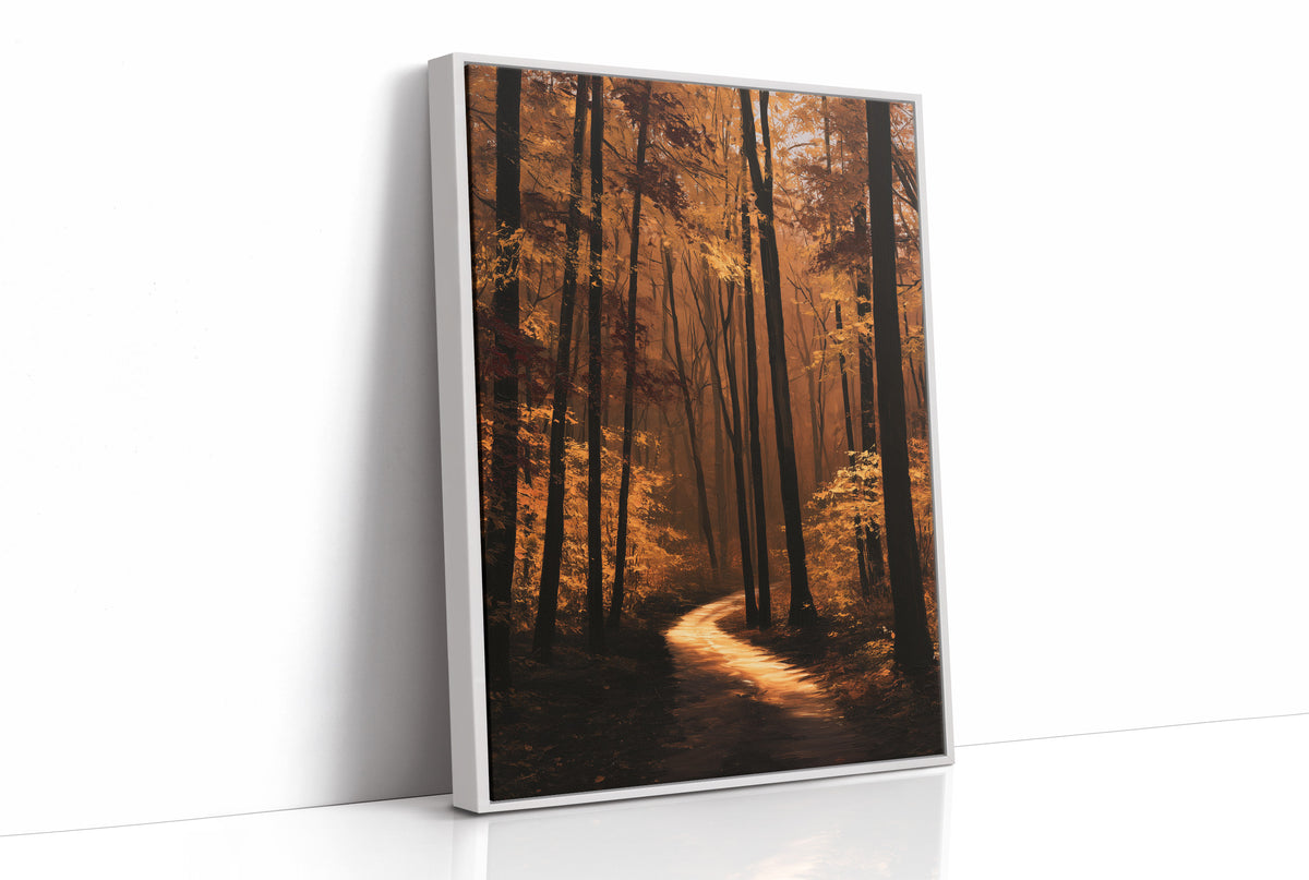 The Path Bends Toward Home, an autumn forest path winding between tall dark trunks, lit by a shaft of golden light across the leaves, painted in rust, amber and deep brown, as a framed canvas in a white frame