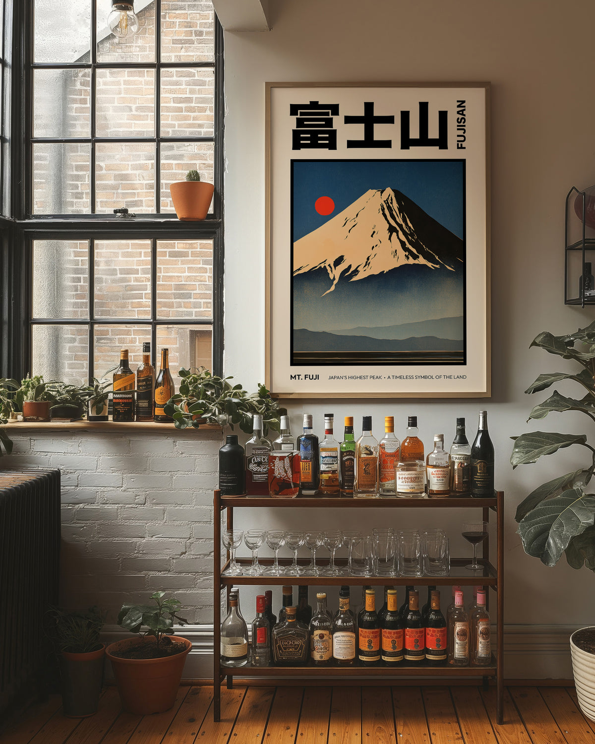The Peak Holds Its Last Light, a snowcapped peak in gold and rose light above a dark indigo ridge with a small vermilion sun, in a flat Japanese travel poster style with bold black lettering on cream, painted in amber, indigo and vermilion, in a wood frame on a brick wall above a bar cart of bottles and plants