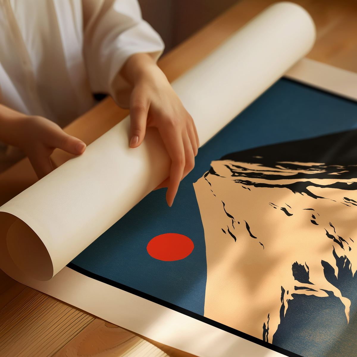 The Peak Holds Its Last Light, a snowcapped peak in gold and rose light above a dark indigo ridge with a small vermilion sun, in a flat Japanese travel poster style with bold black lettering on cream, painted in amber, indigo and vermilion, as a matte poster, unframed