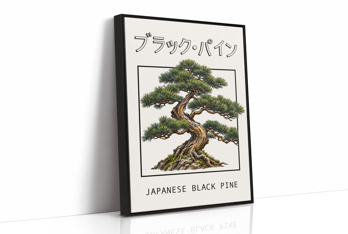 The Pine That Learned to Lean, a Japanese black pine bonsai with dark green needles and a twisted trunk in a shallow pot, in a framed Japanese travel poster style with katakana above and JAPANESE BLACK PINE below, as a framed canvas in a black frame