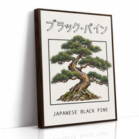 The Pine That Learned to Lean, a Japanese black pine bonsai with dark green needles and a twisted trunk in a shallow pot, in a framed Japanese travel poster style with katakana above and JAPANESE BLACK PINE below, as a framed canvas in a brown frame