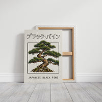 The Pine That Learned to Lean, a Japanese black pine bonsai with dark green needles and a twisted trunk in a shallow pot, in a framed Japanese travel poster style with katakana above and JAPANESE BLACK PINE below, on a gallery canvas with wrapped edges leaning against a white wall